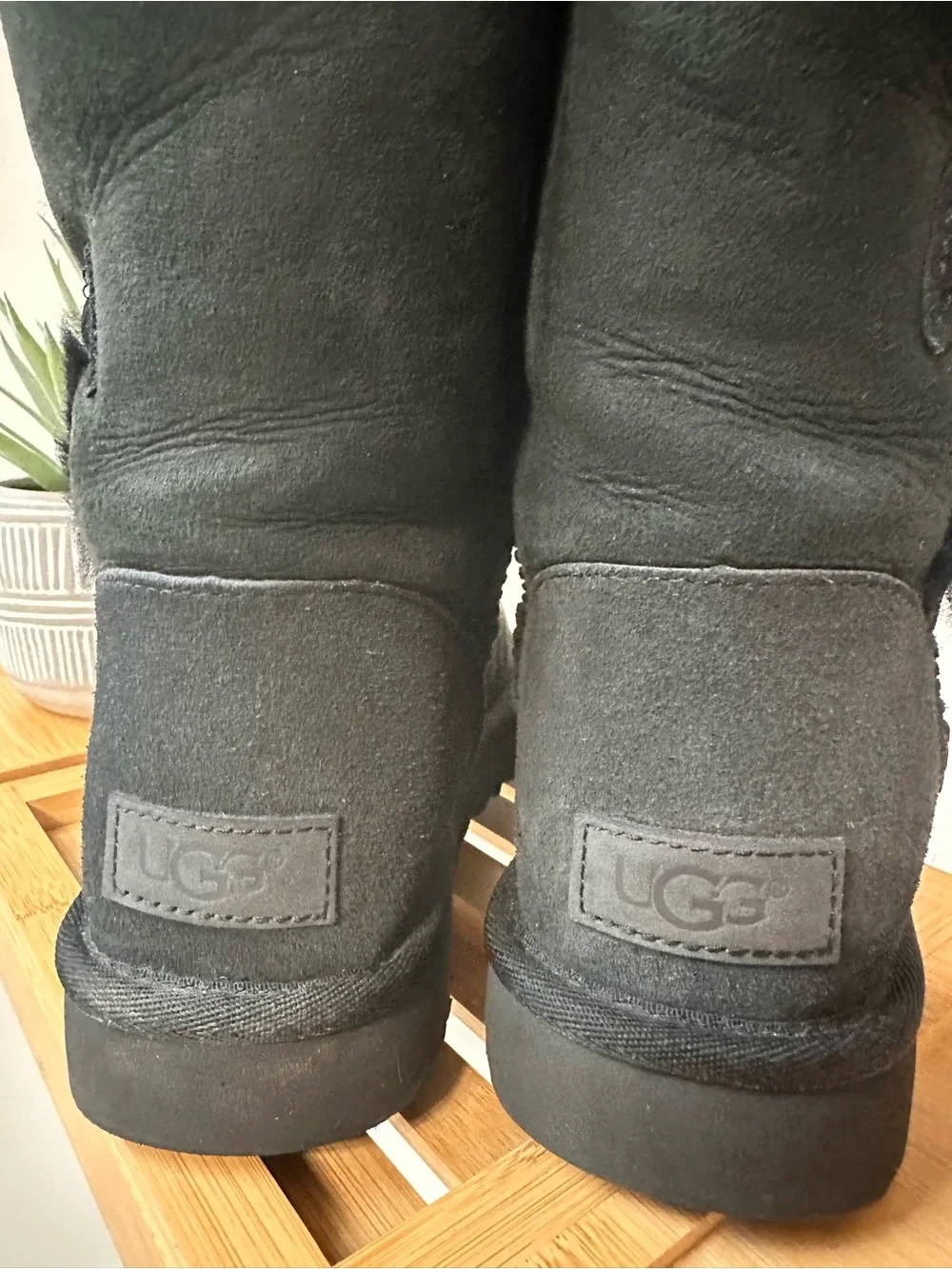 UGG Black Suede Shearling Button Winter Boots - Women's